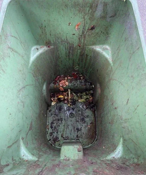 Dirty green garden waste bin before cleaning